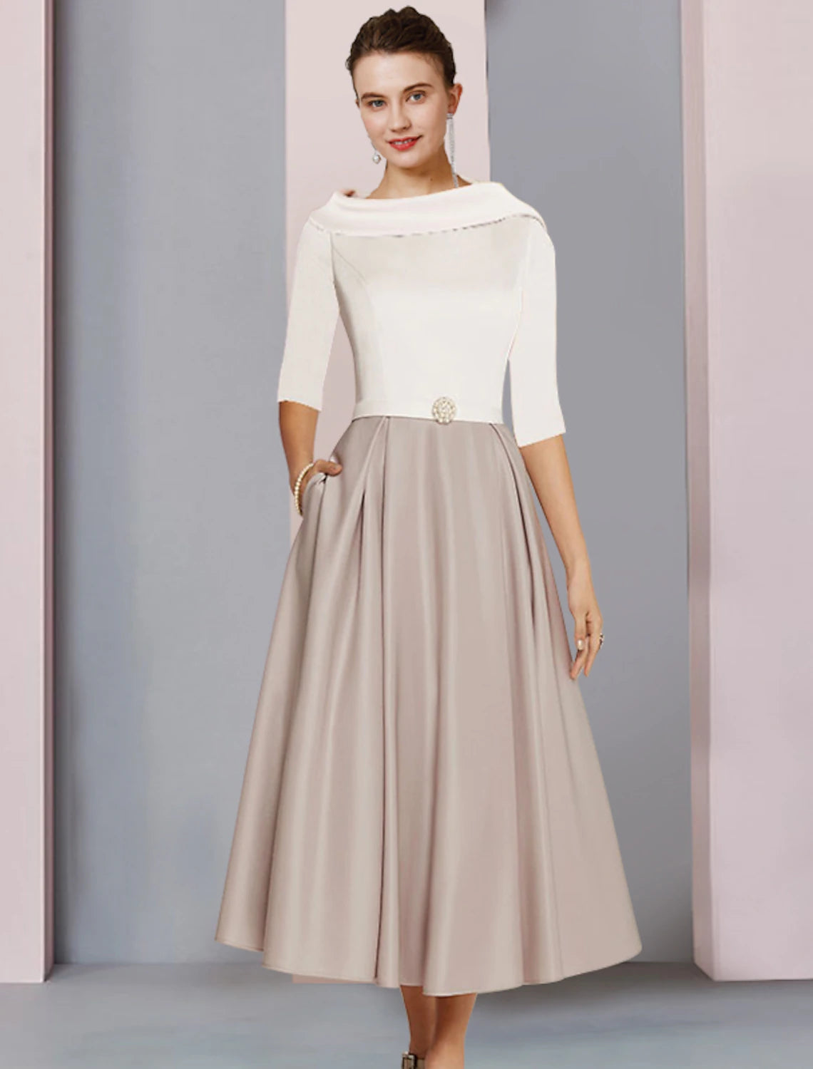 wholesale  A-Line Mother of the Bride Dress Wedding Guest Elegant Scoop Neck Tea Length Satin Half Sleeve with Pleats Crystal Brooch Color Block