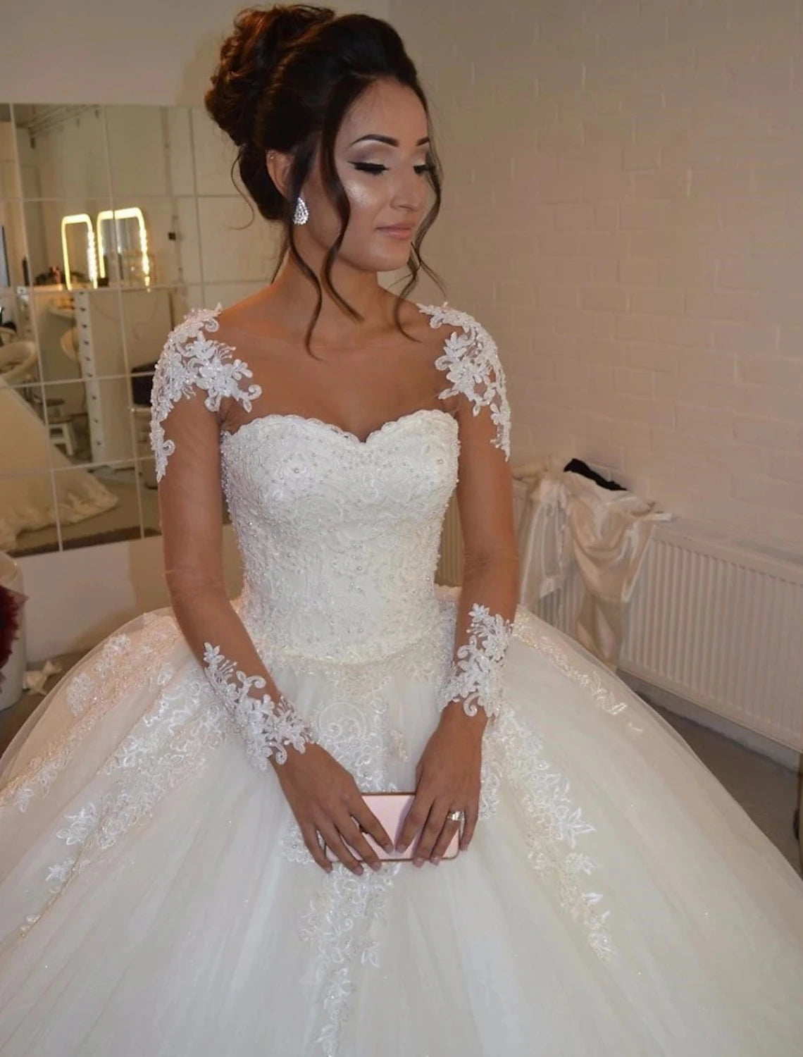 wholesale  Engagement Formal Fall Wedding Dresses Ball Gown Sweetheart Long Sleeve Floor Length Lace Bridal Gowns With Lace