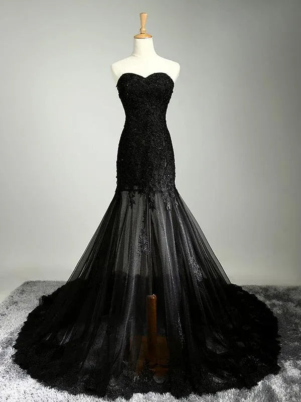 Strapless Black‑Lace Beaded‑Appliqué Sheer‑Tulle Mermaid Prom Dress