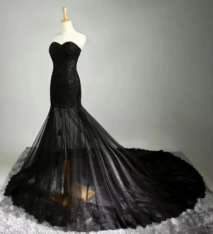Strapless Black‑Lace Beaded‑Appliqué Sheer‑Tulle Mermaid Prom Dress