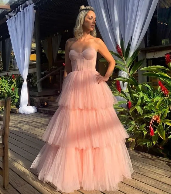 Strapless Blush‑Pink Corset‑Bodice Tiered‑Tulle A‑Line Prom Dress