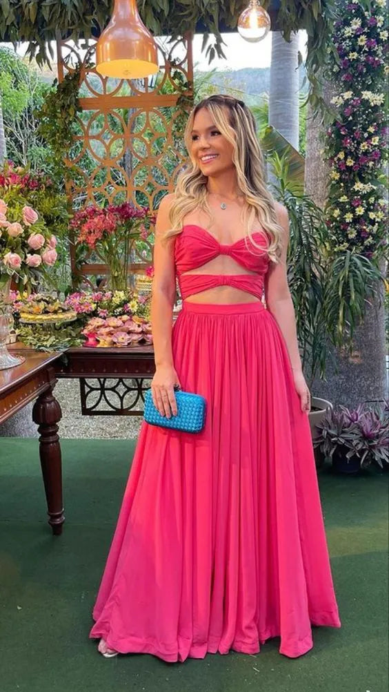 Strapless Hot‑Pink‑Chiffon Bow‑Bust Cutout‑Midriff A‑Line Floor‑Length Two‑Piece Prom Dress