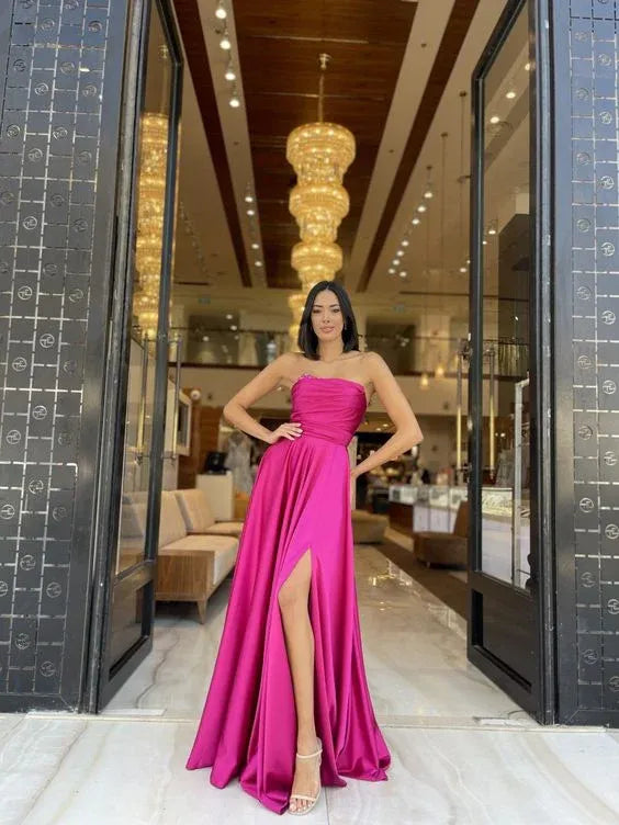 Strapless Hot‑Pink‑Satin Ruched‑Bodice High‑Slit A‑Line Floor‑Length Prom Dress