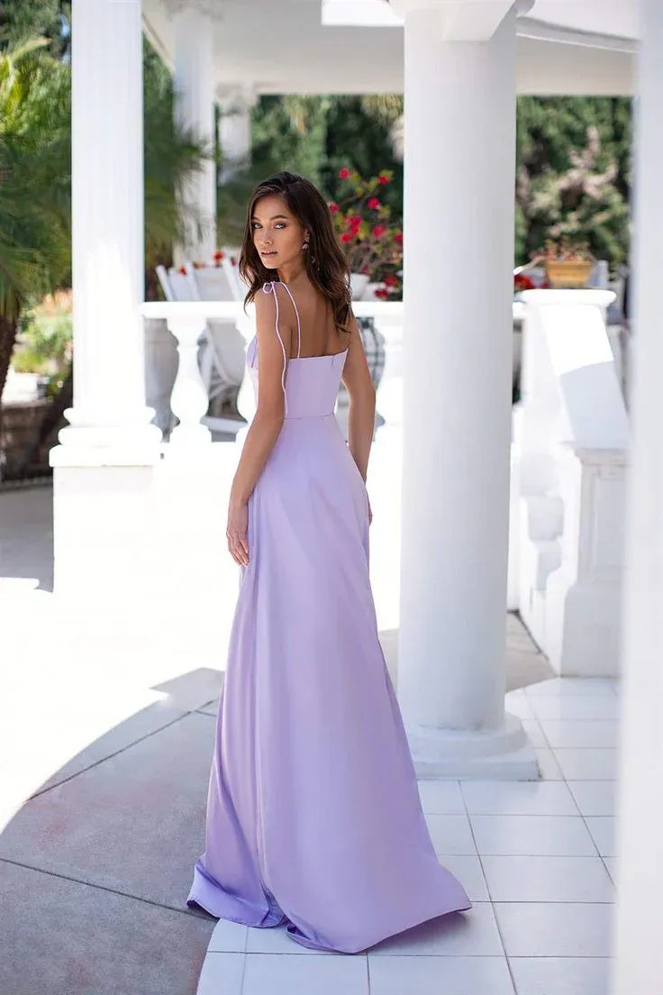 Strapless Lavender‑Satin Tie‑Shoulder High‑Slit A‑Line Floor‑Length Prom Dress