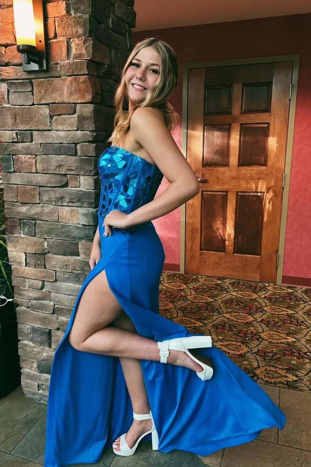 Strapless Mirror-Sequin Cobalt Blue Mermaid Prom Dress