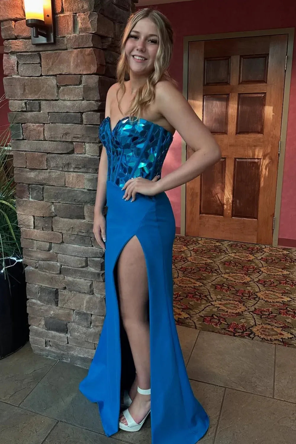 Strapless Mirror-Sequin Cobalt Blue Mermaid Prom Dress