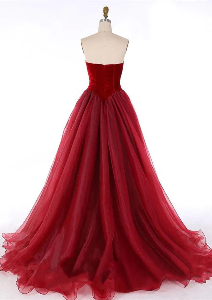 Wholesa Strapless Organza Velvet Burgundy/Crimson Party Gown Pageant Prom Dress