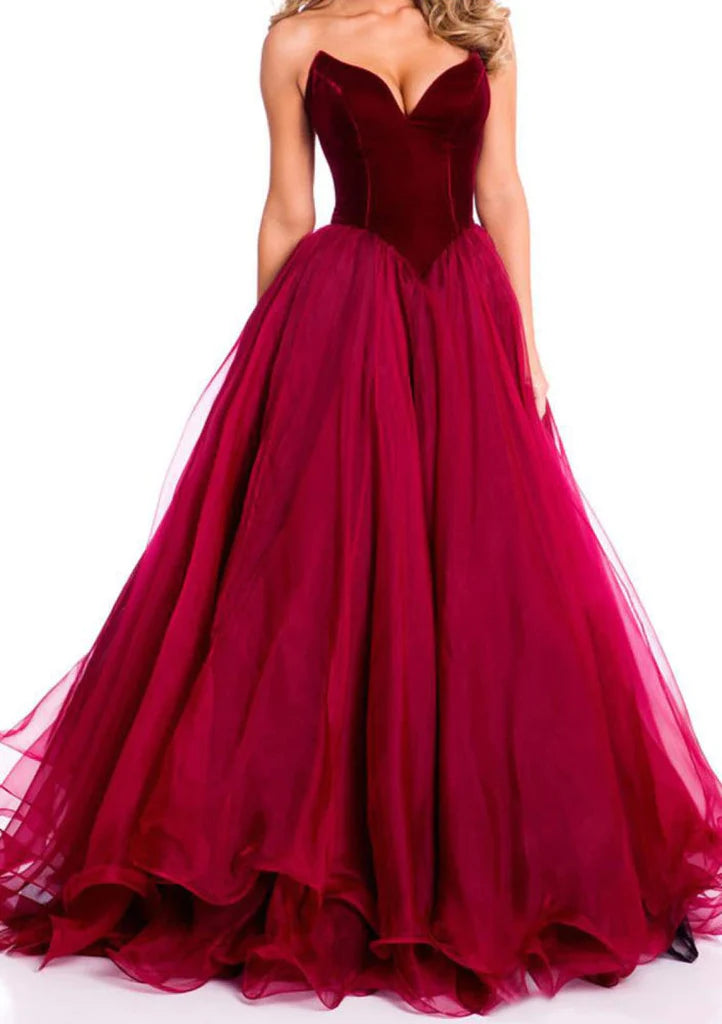 Wholesa Strapless Organza Velvet Burgundy/Crimson Party Gown Pageant Prom Dress