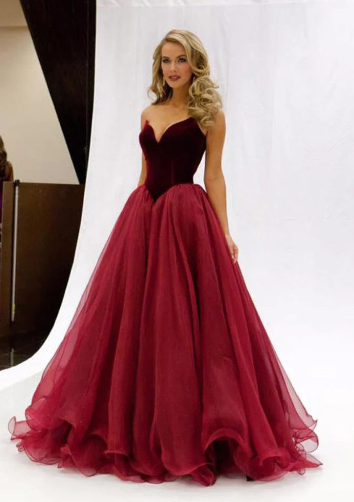 Wholesa Strapless Organza Velvet Burgundy/Crimson Party Gown Pageant Prom Dress