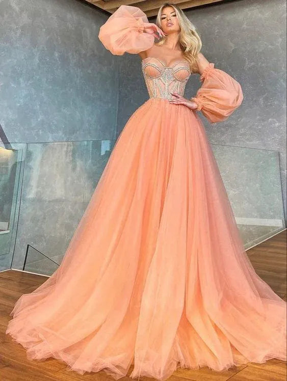 Strapless Peach‑Tulle Beaded‑Corset Puff‑Sleeve A‑Line Prom Dress