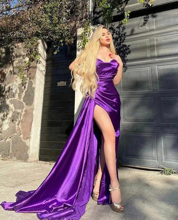 Strapless Sweetheart Purple‑Satin Ruched‑Waist High‑Slit Mermaid Prom Dress