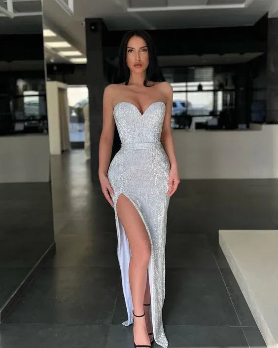 Strapless Sweetheart Silver‑Sequin High‑Slit Mermaid Floor‑Length Prom Dress