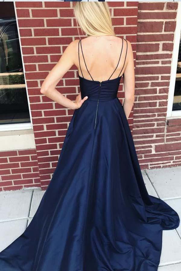 Wholesa Straps Satin Navy Blue Long Prom Dress Evening Dress with Side Split