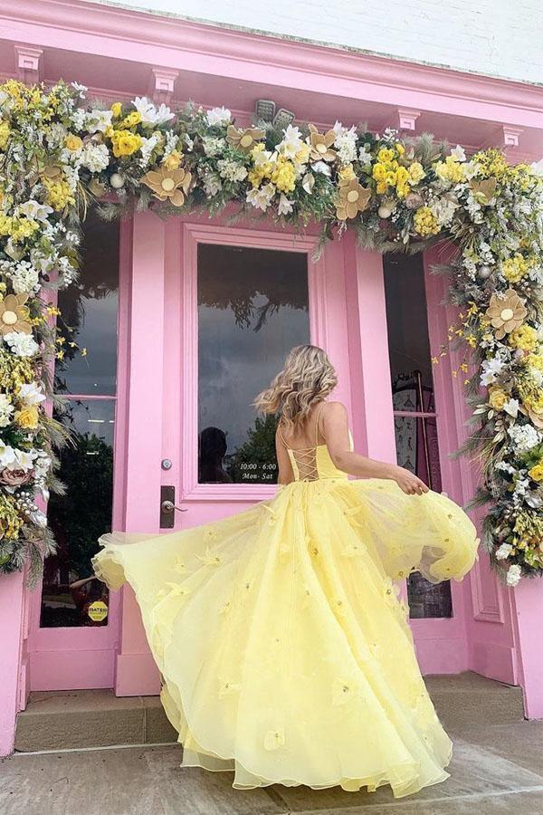 Wholesa A-line 3D Flowers Straps Tulle Bodice With Back Lace Up Yellow Long Prom Dress