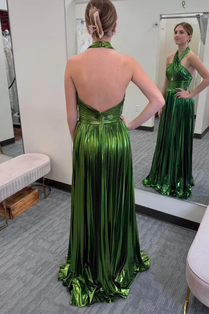 Striking Halter Cut-Out Pleated High-Slit Metallic Prom Dress