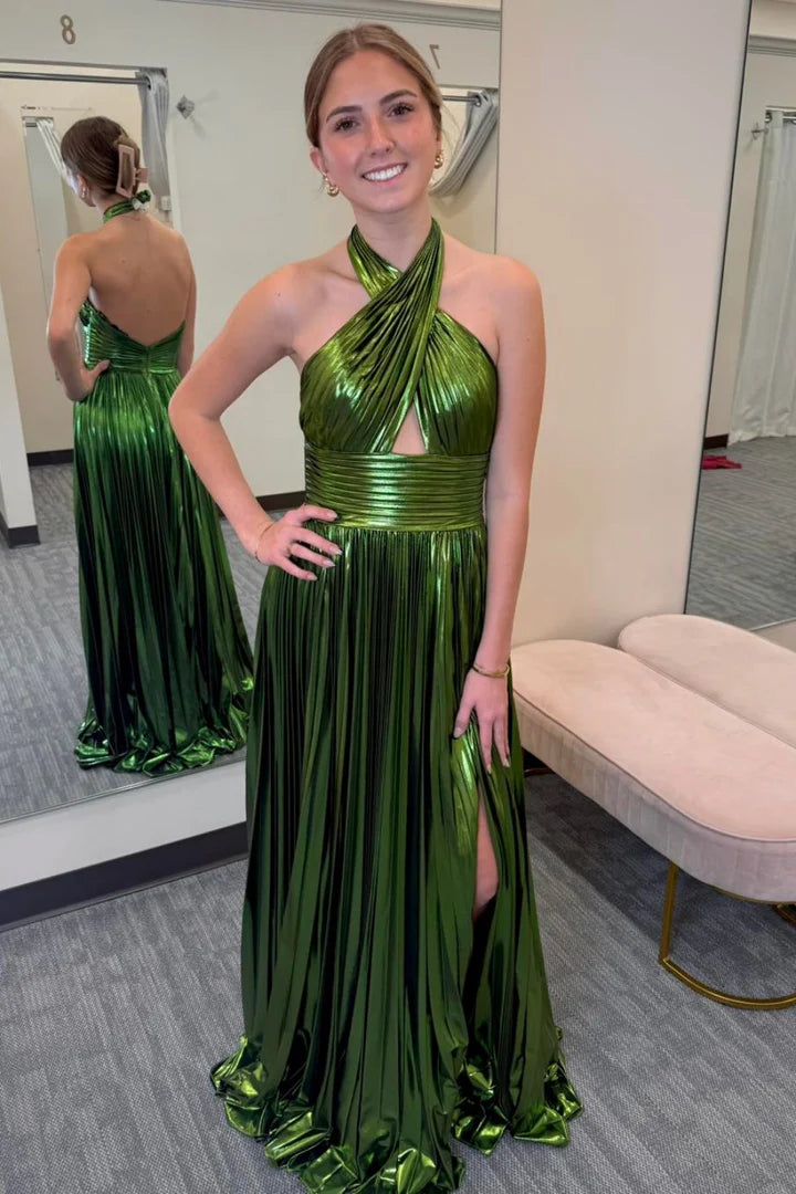 Striking Halter Cut-Out Pleated High-Slit Metallic Prom Dress