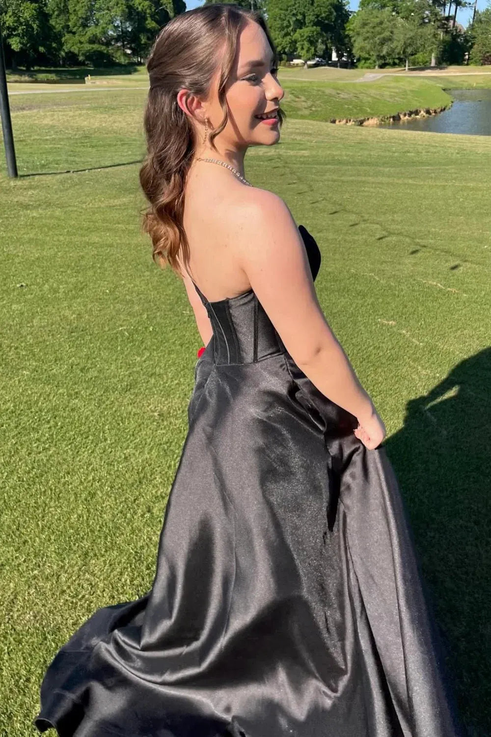 Striking Strapless Corset High-Slit Black Satin Prom Dress