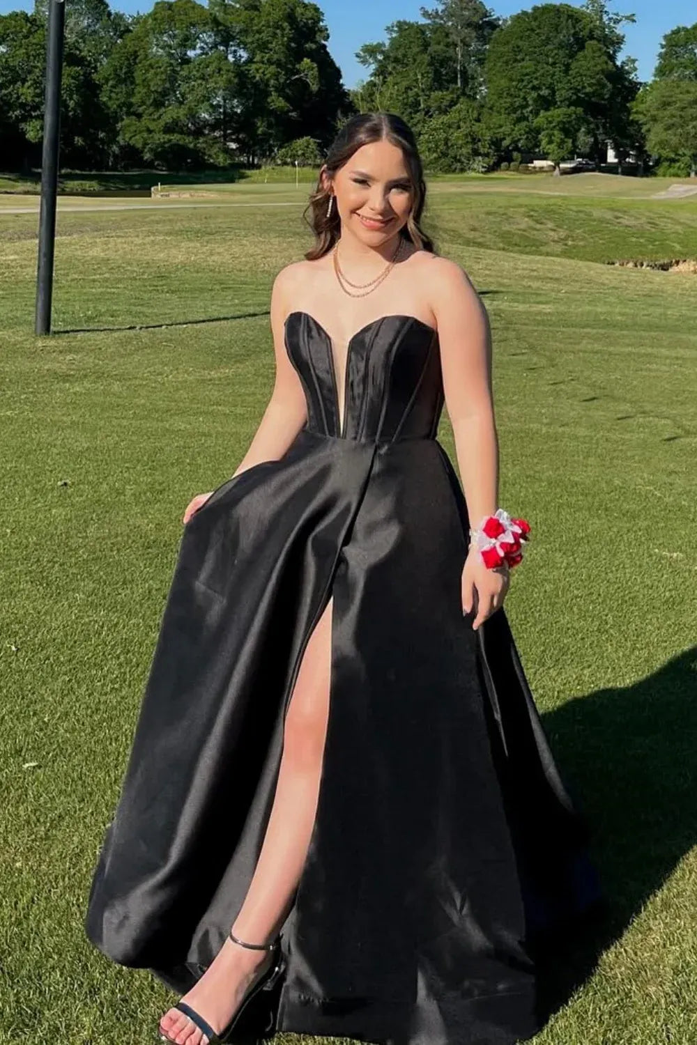 Striking Strapless Corset High-Slit Black Satin Prom Dress