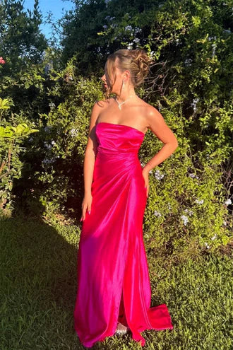 Striking Strapless Draped High-Slit Satin Prom Dress