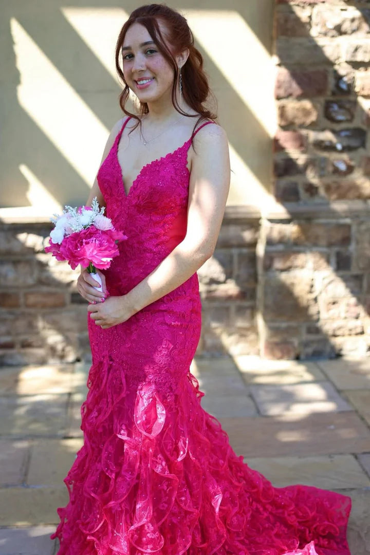 Striking V-Neck Lace Ruffled Mermaid Hot Pink Prom Dress