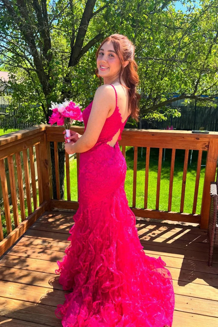 Striking V-Neck Lace Ruffled Mermaid Hot Pink Prom Dress
