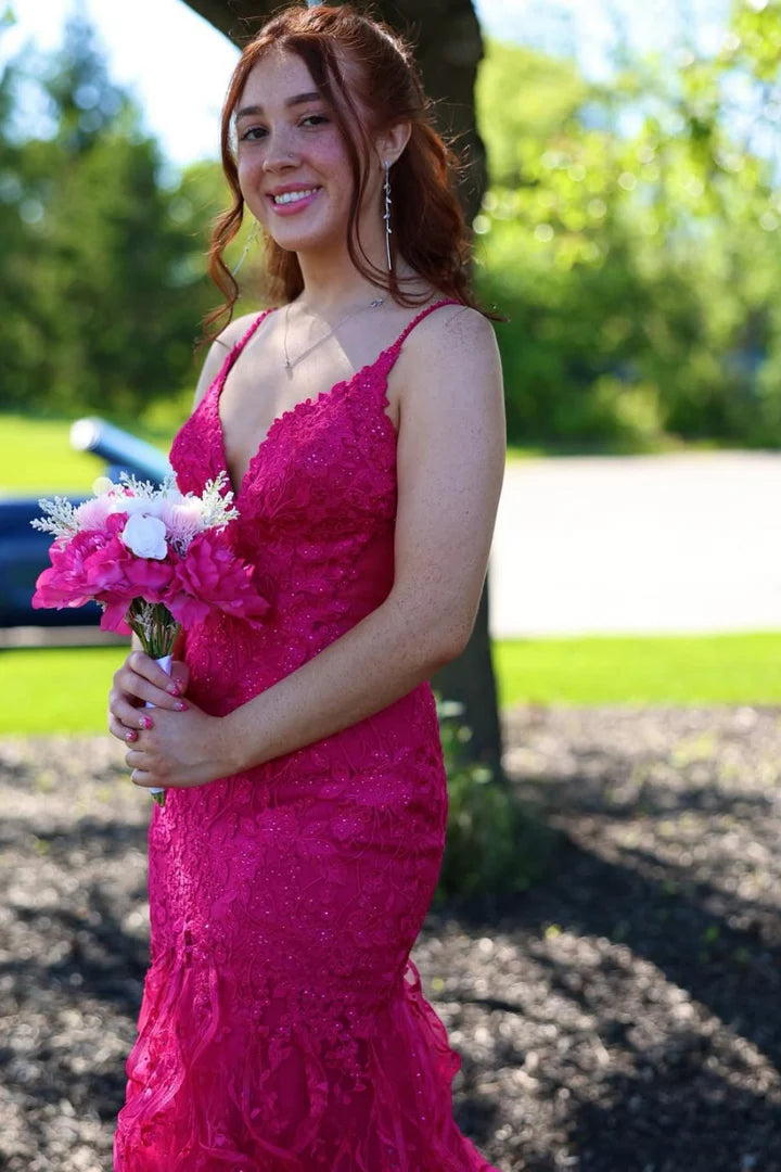 Striking V-Neck Lace Ruffled Mermaid Hot Pink Prom Dress
