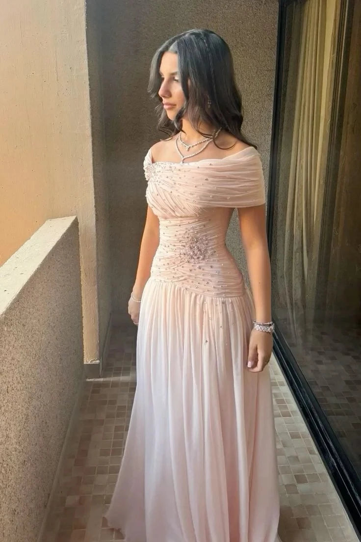 Stunning Fitted Off-shoulder Short Sleeve Ruched A-line Prom Dress