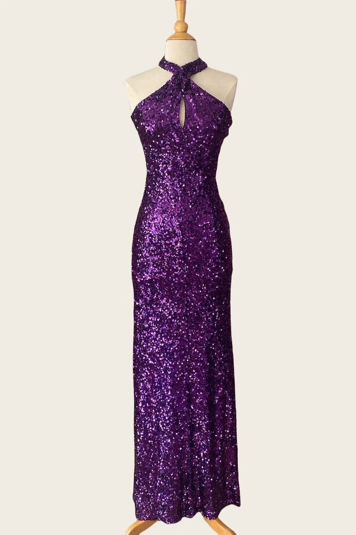 Stunning Halter-Neck Sequin Purple Mermaid Prom Dress
