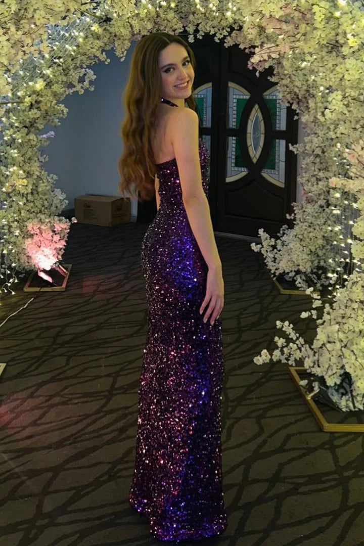 Stunning Halter-Neck Sequin Purple Mermaid Prom Dress