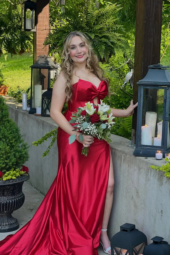 Stunning Strapless Bow-Front Red Satin Mermaid Prom Dress
