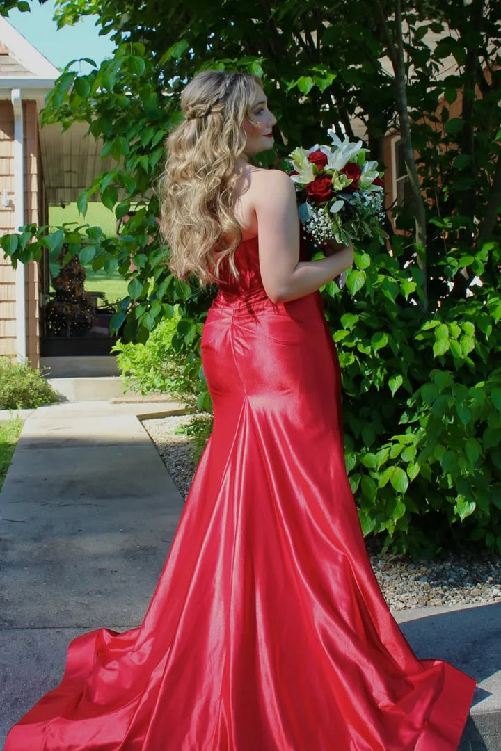 Stunning Strapless Bow-Front Red Satin Mermaid Prom Dress