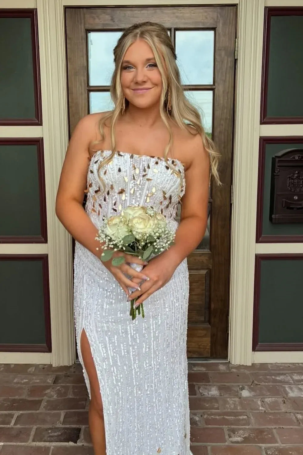 Stunning Strapless Gold-Accented Sequin Mermaid Prom Dress