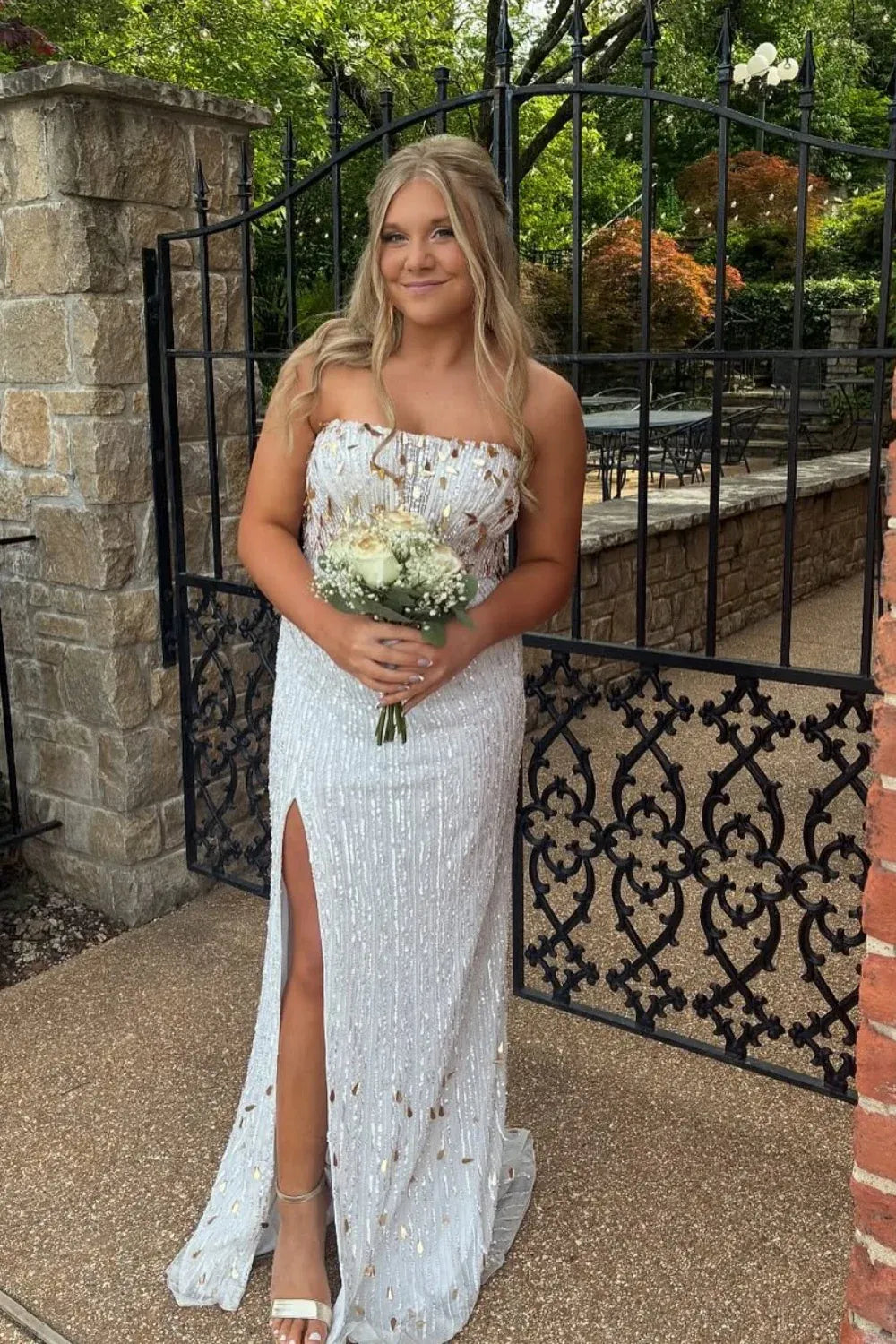 Stunning Strapless Gold-Accented Sequin Mermaid Prom Dress
