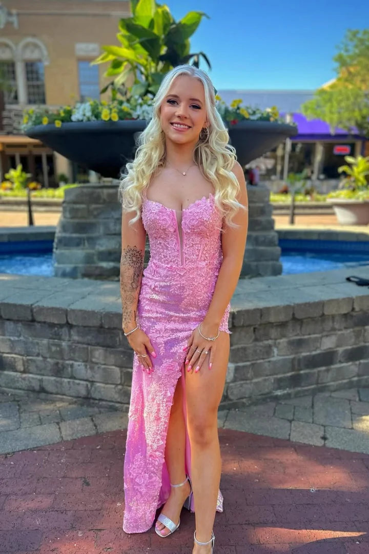 Stunning Strapless Lace-Appliquéd Pink Mermaid Prom Dress