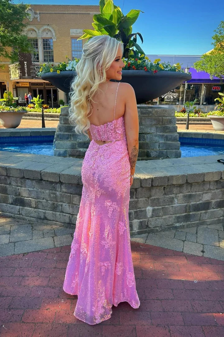 Stunning Strapless Lace-Appliquéd Pink Mermaid Prom Dress