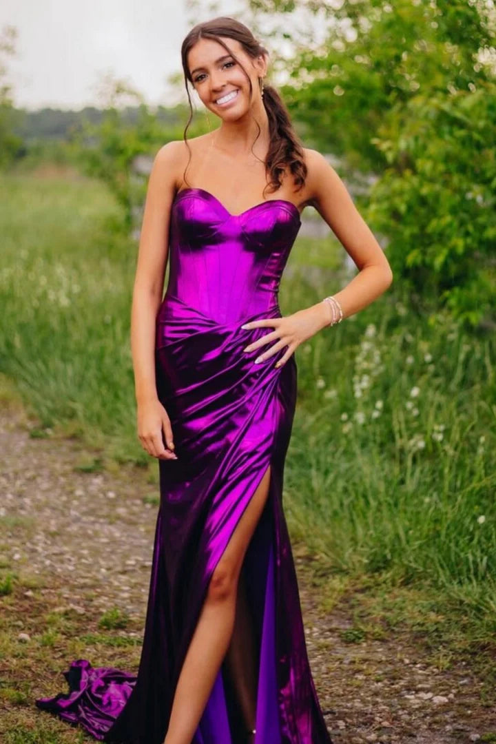 Stunning Strapless Metallic Purple Corset Mermaid Prom Dress