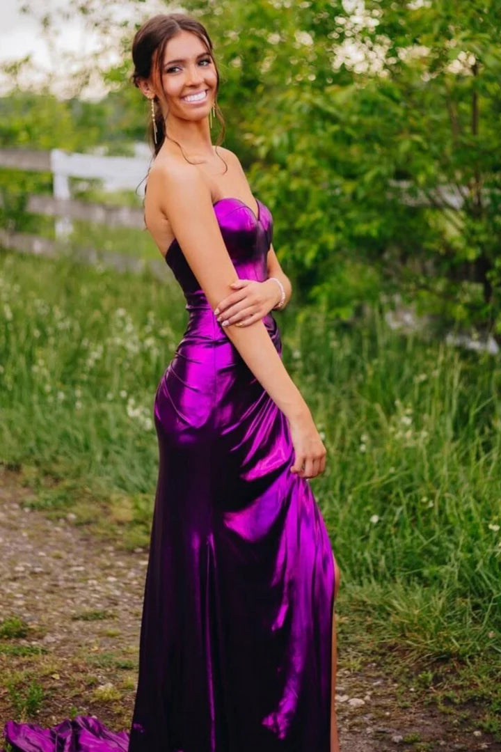 Stunning Strapless Metallic Purple Corset Mermaid Prom Dress