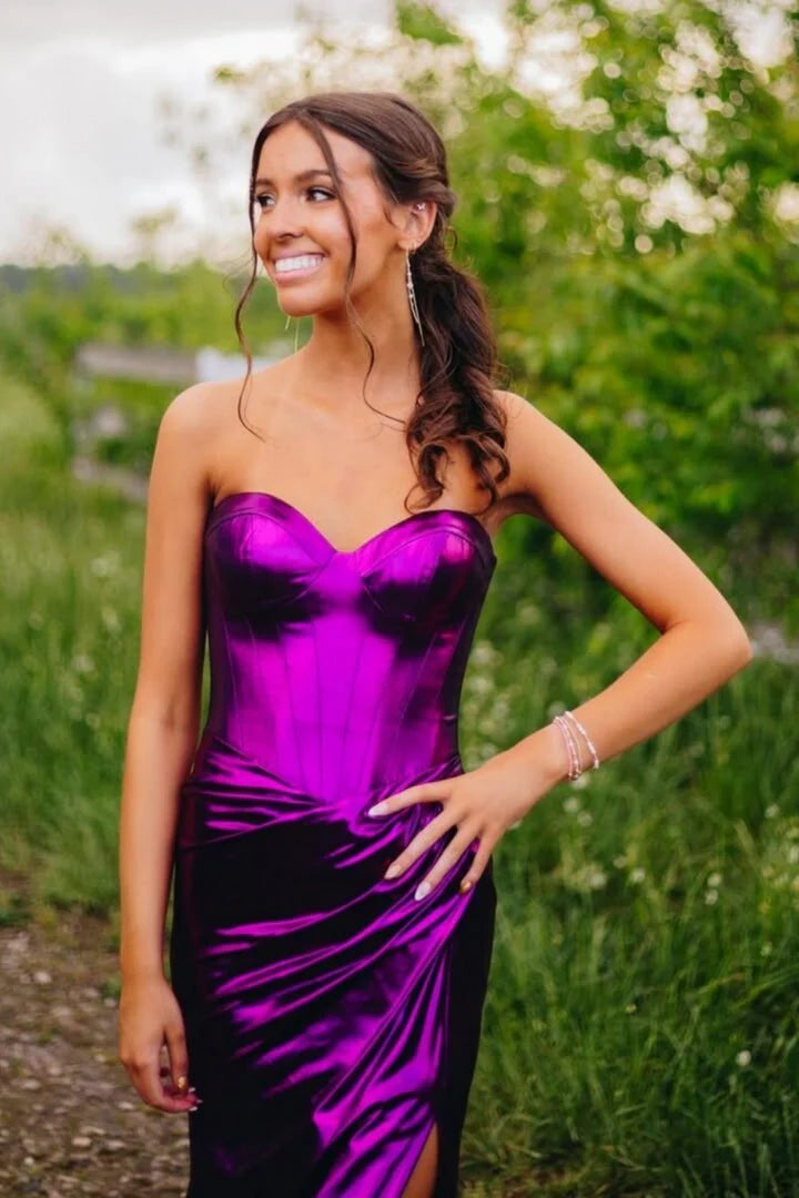 Stunning Strapless Metallic Purple Corset Mermaid Prom Dress