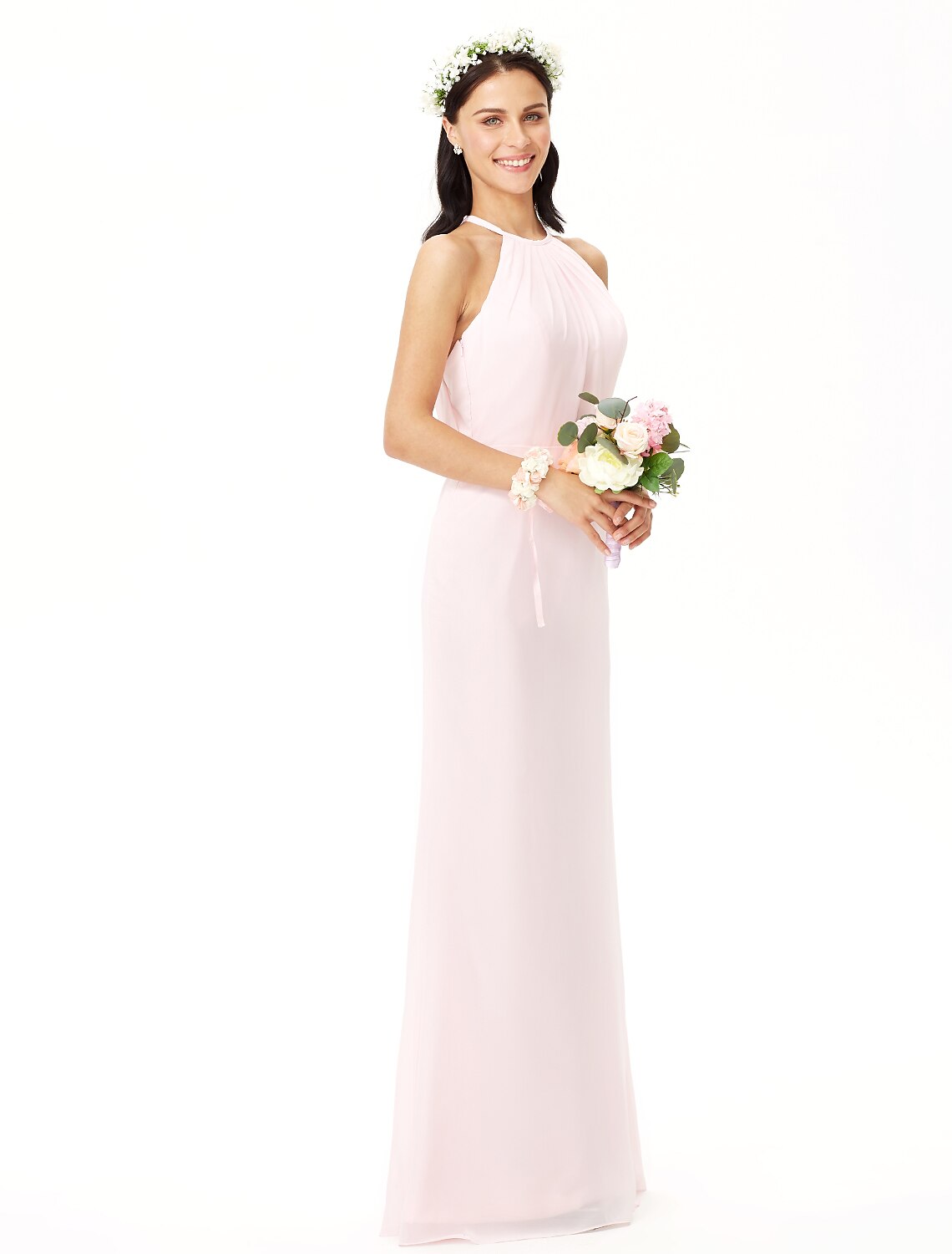 wholesale  Sheath / Column Bridesmaid Dress Jewel Neck Sleeveless Elegant Floor Length Chiffon with Pleats