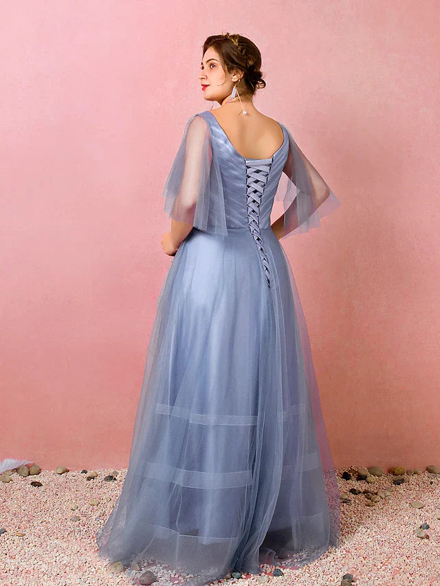 Wholesa A-Line Prom Dresses Chinese Style Dress Prom Floor Length Half Sleeve V Neck Satin with Ruched Embroidery