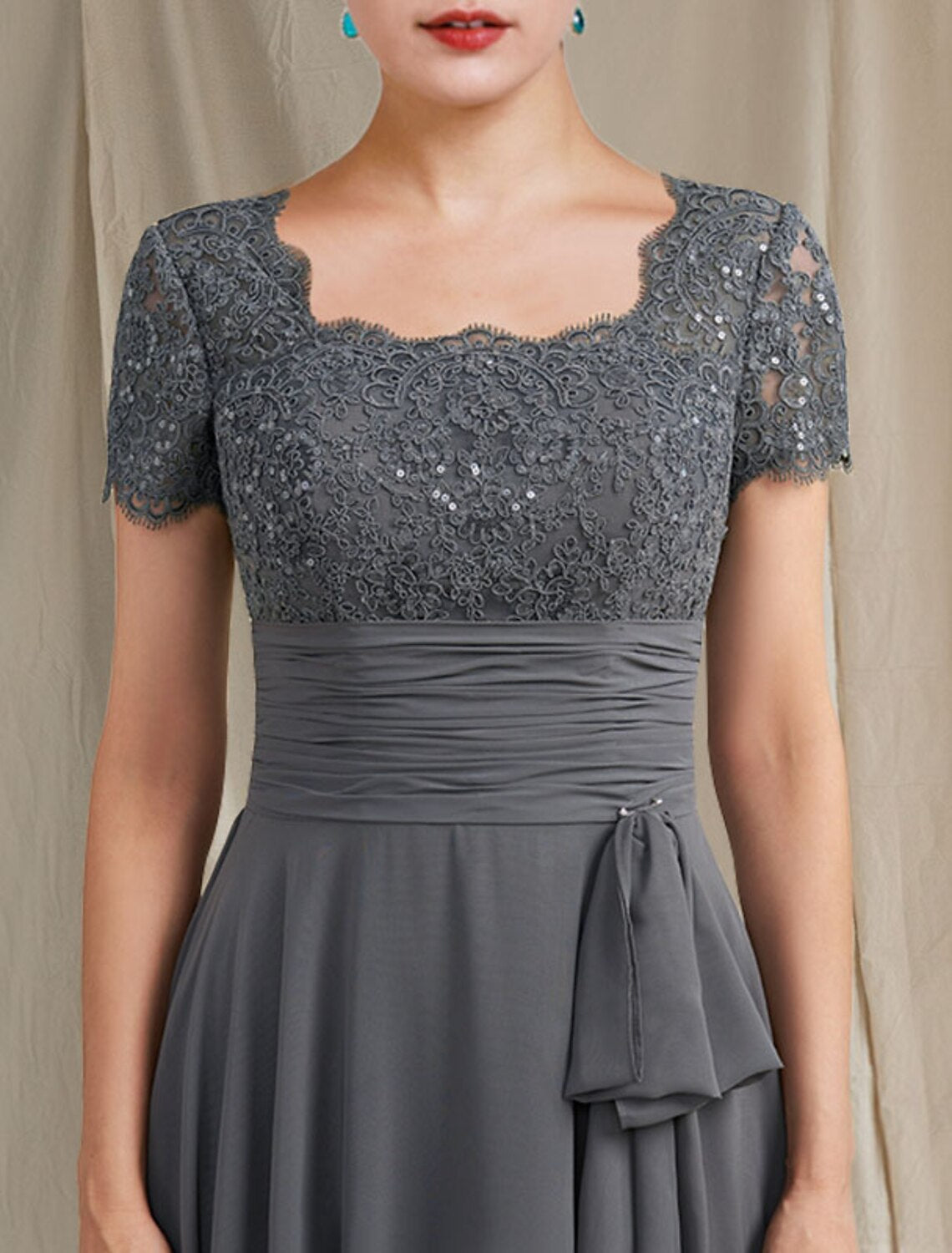 wholesale  A-Line Mother of the Bride Dress Plus Size Elegant Square Neck Floor Length Chiffon Lace Short Sleeve with Pleats Sequin Appliques