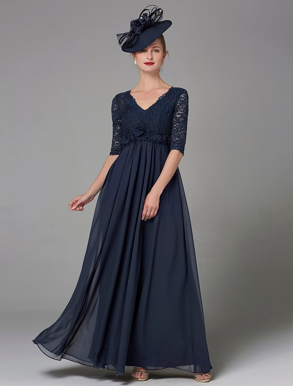 wholesale   A-Line Mother of the Bride Dress Elegant & Luxurious V Neck Floor Length Chiffon Lace Half Sleeve with Lace Bow(s)