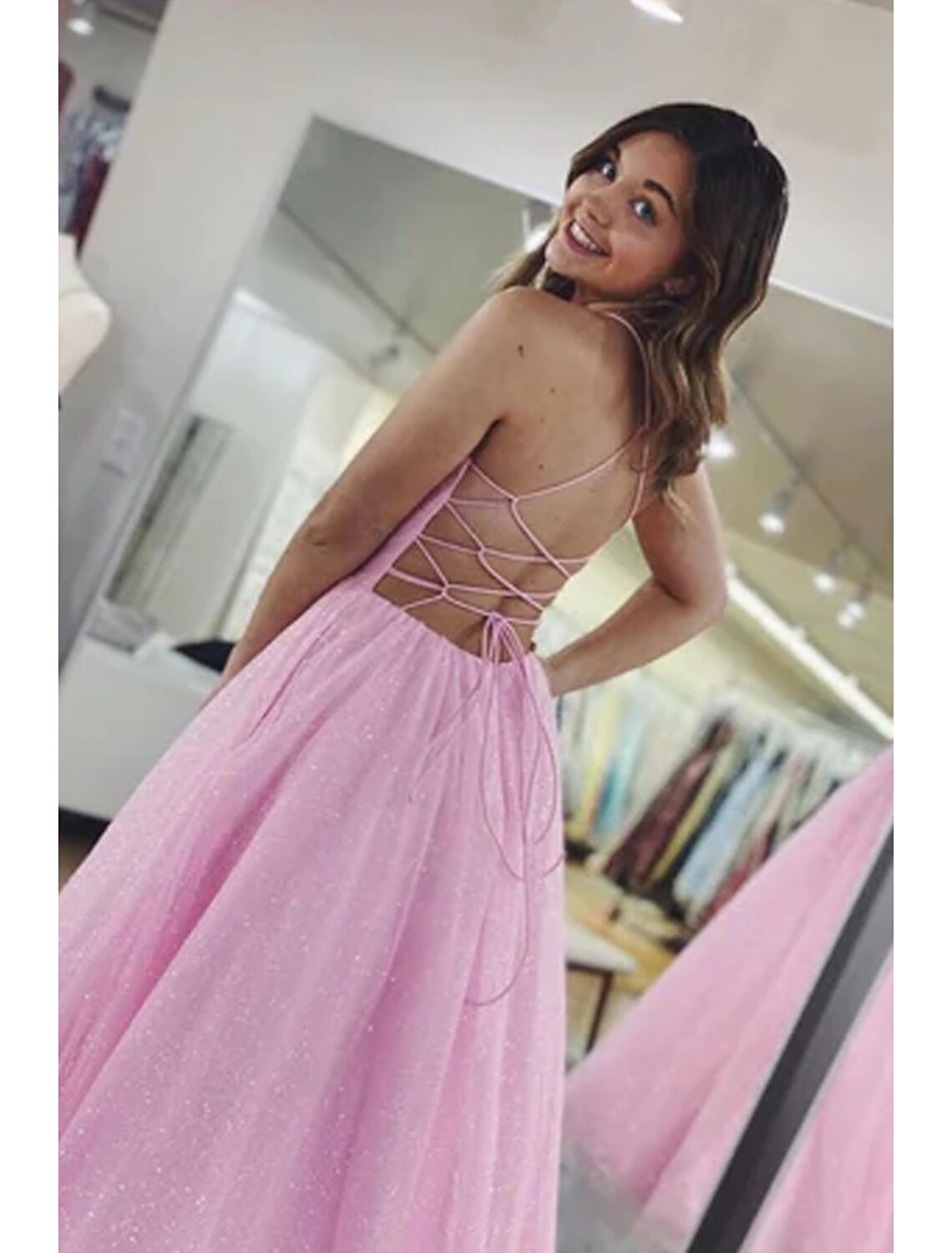wholesale  Ball Gown A-Line Prom Dresses Glittering Dress Formal Prom Floor Length Sleeveless V Neck Tulle Backless with Pleats
