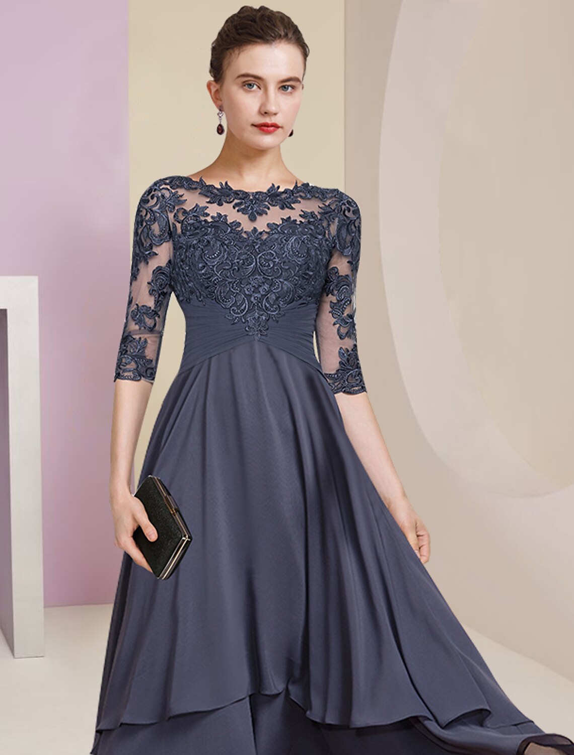 wholesale  Sheath / Column Mother of the Bride Dress Wedding Guest Party Elegant High Low Jewel Neck Asymmetrical Chiffon Lace Half Sleeve with Pleats Solid Color