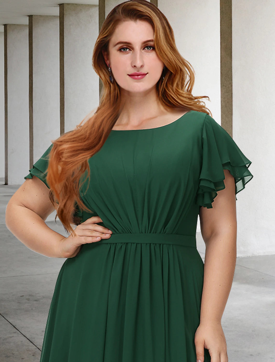 wholesale  A-Line Mother of the Bride Dresses Plus Size Hide Belly Curve Elegant Dress Formal Floor Length Short Sleeve Jewel Neck Chiffon with Pleats