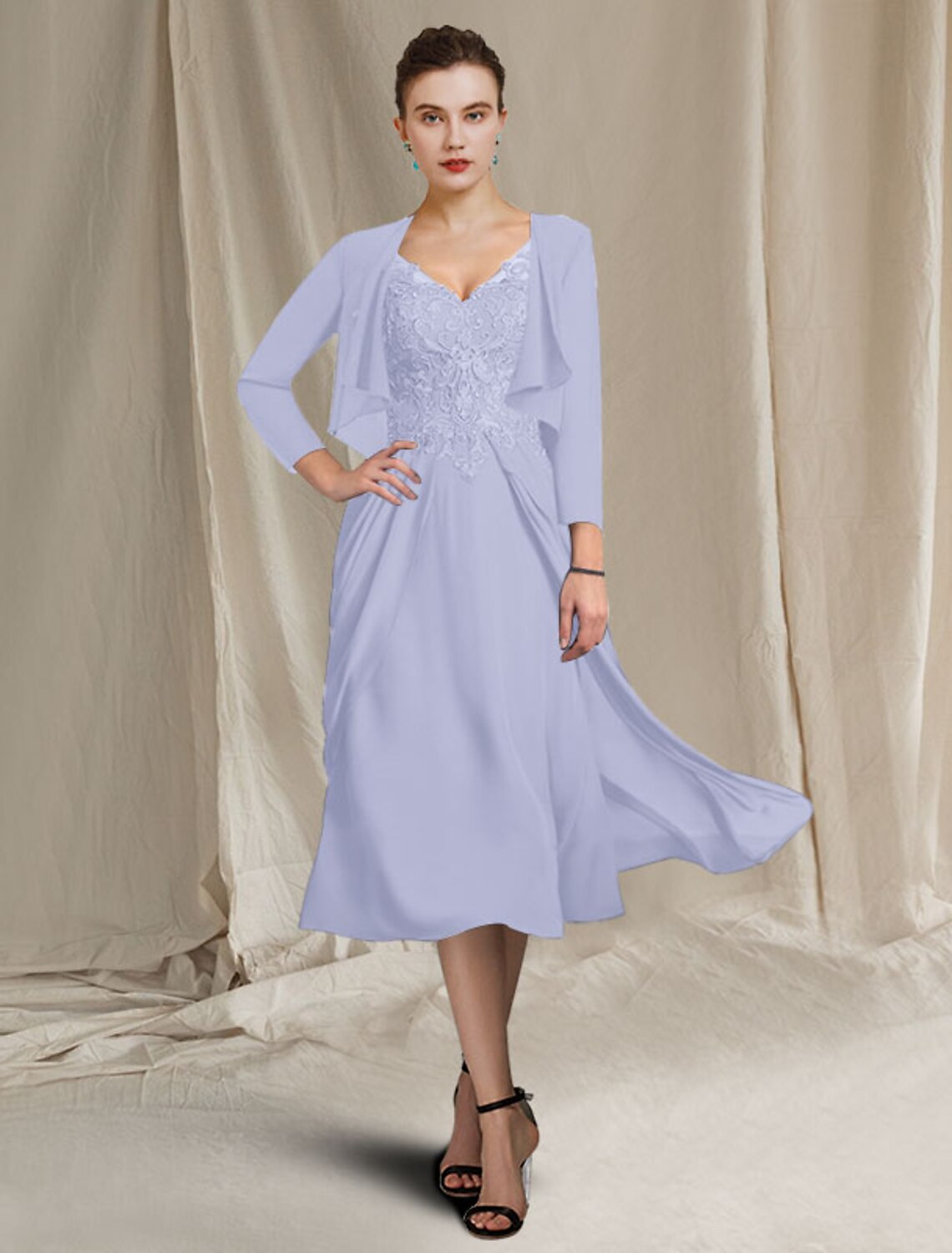 wholesale  A-Line Mother of the Bride Dress Plus Size Elegant V Neck Tea Length Chiffon Lace Short Sleeve Wrap Included with Appliques