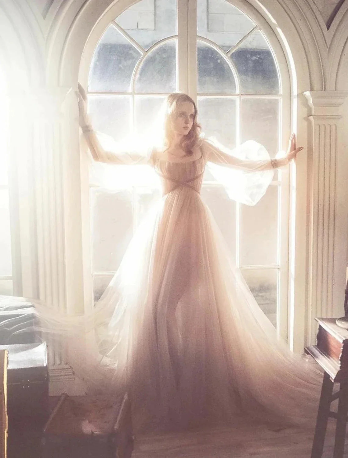 Wholesa A-Line Elegant Boho Engagement Formal Evening Birthday Dress Scoop Neck Long Sleeve Sweep / Brush Train Tulle with Pleats Ruched