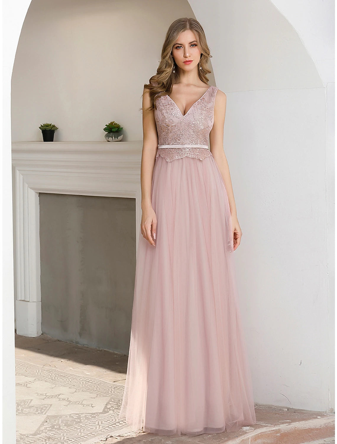 wholesa A-Line Evening Gown Elegant Dress Wedding Guest Formal Evening Floor Length Sleeveless V Neck Satin V Back with Sash / Ribbon Sequin