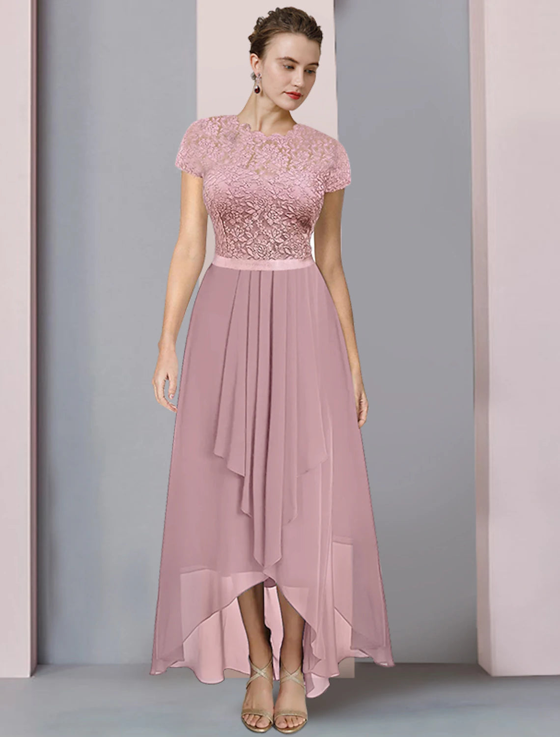 wholesale  A-Line Mother of the Bride Dress Formal Wedding Guest Elegant High Low Scoop Neck Asymmetrical Tea Length Chiffon Lace Short Sleeve with Pleats