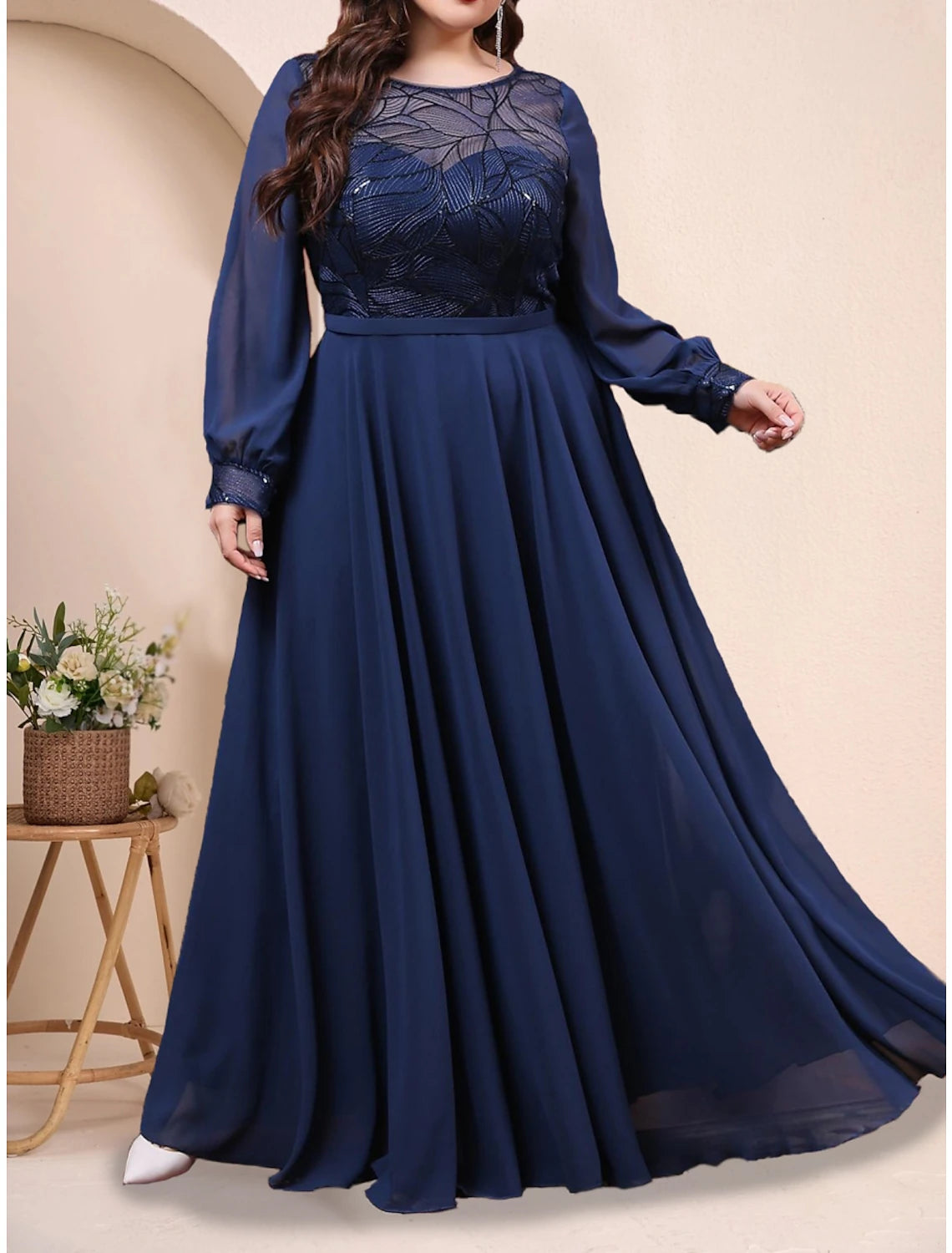 Wholesa A-Line Plus Size Curve Mother of the Bride Dress Wedding Guest Plus Size Sparkle & Shine Jewel Neck Floor Length Chiffon Long Sleeve with Pleats Sequin